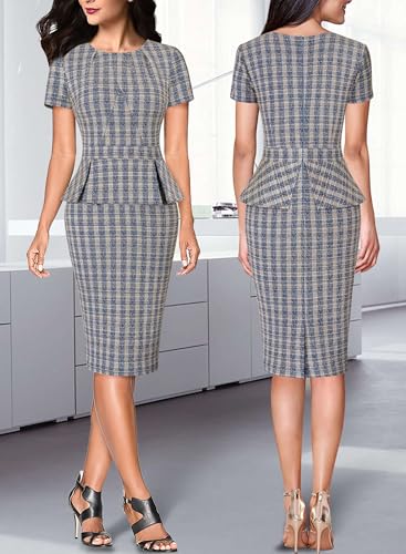 Image of VFSHOW Womens Pleated Crew Neck Peplum Work Business Office Church Bodycon Pencil Sheath Dress