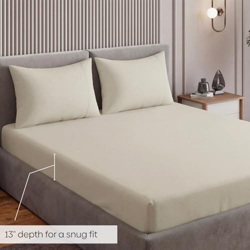 Image of Haus and Kinder Double Bedsheet, 300 TC 100% Organic Cotton Percale Weave, Fitted Bedsheet for Double Size Bed with 2 Pillow Covers - Marrow Stitch Detaling (Coastal Calm, 60 inchx78 inchx10 Size)