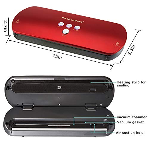 KitchenBoss Vacuum Sealer Machine for Preservation Automatic Vacuum Sealing System, Intelligent LED Indicator Lights,with Starter Kit Inclued 20 PCS Bags(Red)