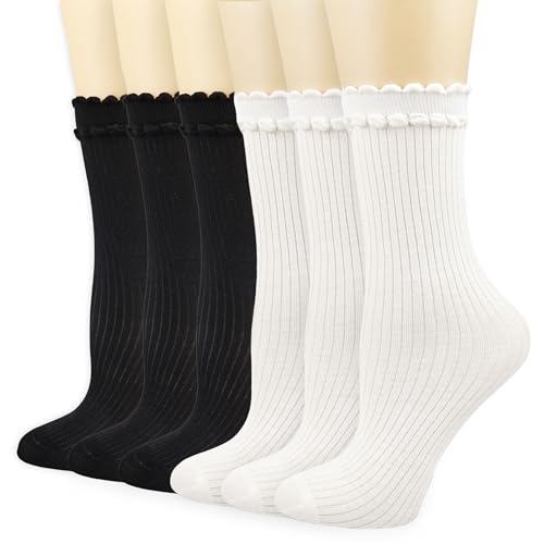 Mcool Mary Women's Crew Socks, Breathable Thin Cotton Cute Scalloped Edges Frilly Ankle Socks for Women 6 Pairs
