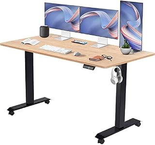 Flamaker Height Adjustable Electric Standing Desk, 140 * 60cm Sit Stand Desk Adjust Desk Home Office Desk with Headphone Hook, Black