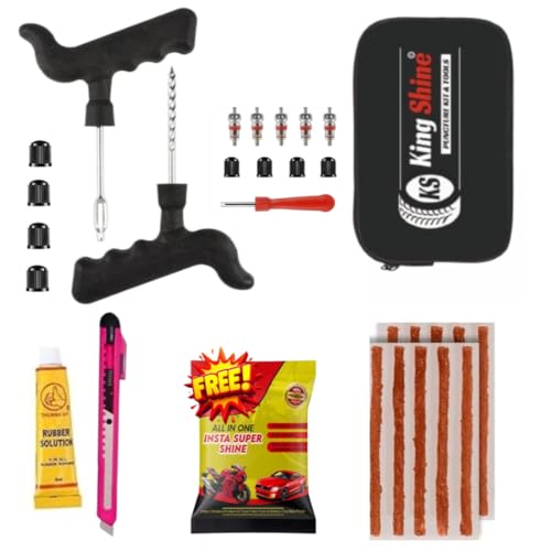 Image of Tubeless Tire Puncher Kit Emergency Flat Tire Repair Patch Puncture Kit for Car, Bike, SUV, & Motorcycle with Storage Bag,Plier and 5Pcs Tyre Valve Stem Core & Tool (with 15 Strip)