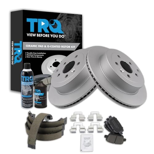 Image of TRQ Rear Brake Pad & Rotor Kit, with Chemical Kit Parking Brake Shoe Set Ceramic Premium G-Coated Compatible with 2008-2012 Land Rover LR2