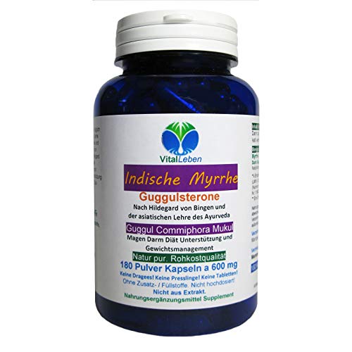 GUGGUL Indische MYRRHE Ayurveda Guggulsterone 180 Pulver Kapseln - Commiphora Mukul Premium Qualität. NATUR PUR - OHNE ZUSATZSTOFFE - OHNE FÜLLSTOFFE. Abgefüllt in Deutschland. 26810-180 Cover