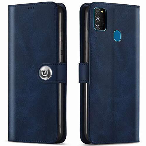 TheGiftKart Genuine Leather Finish Button Flip Cover Back Case with Inbuilt Stand & Inside Pockets for Samsung Galaxy M21 2021 Edition / M21 / M30s (Blue)- Best and cheap mobile covers in India