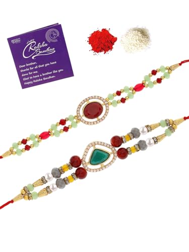 Image of Sukkhi Rakhi Excellent Kundan & Pearls Designer Gold Plated Premium Rakhi for Brother with Roli Chawal & Greeting Card|Rakhi for Brother /Bhaiya /Bhai /Men|Kundan Rakhi|Rakhi Combo-Set of 2