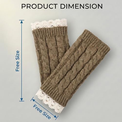 Image of Kraptick Women's Cable Knit Fingerless Gloves - Winter Arm Warmers with Elegant Lace Trim & Thumb Hole - Soft Woolen Thermal Half Finger Mittens for Typing, Driving & Office Work (Free Size, khaki)-1