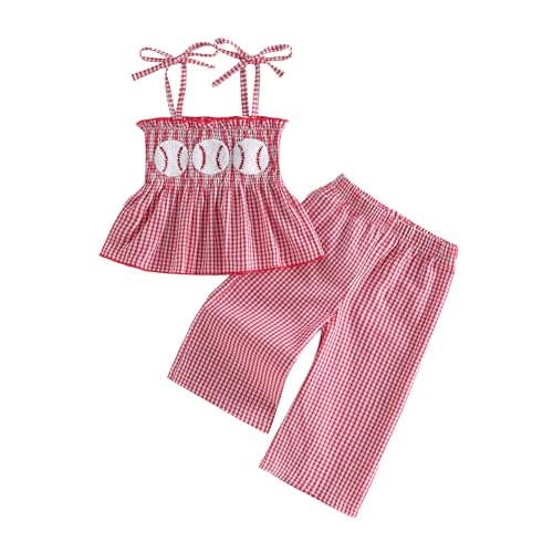 Rourufy Toddler Baby Girl Baseball Outfit Embroidered Plaid Tie Smocked Tops Wide Leg Pants 2 Piece Set Summer Clothes (B Baseball Red 18-24 Months)