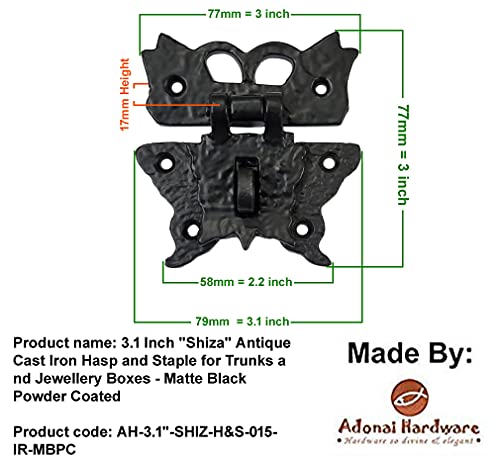 Image of Adonai Hardware 3.1 Inch inchShiza inch Antique Cast Iron Hasp and Staple for Trunks and Jewellery Boxes (Supplied as 4 Pieces per Pack) - Matte Black Powder Coated