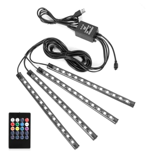 Car LED Strip Lights Christmas, 4Pcs 48 LED Interior Lights, Multicolor Music Car Strip Light Under Dash Lighting Kit with Sound Active Function and Remote Controller, DC 5V