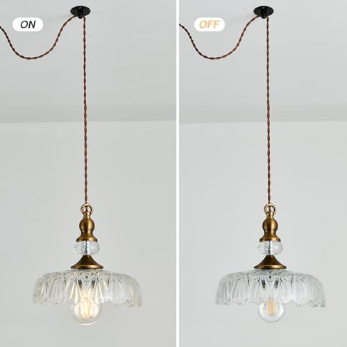 Image of CVKASH Plug in Glass Pendant Light Fixture Brass Vintage Adjustable Chandelier Brushed Gold Hanging Ceiling Light for Farmhouse Hallway Bedroom Foyer Kitcken Dining Room Island
