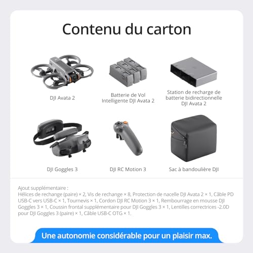 DJI Bundle Fly More Avata 2 (Trois Batteries), Drone FPV avec Caméra 4K, Acrobaties en Une Touche, Protection d’hélice intégrée, Drone Caméra avec Goggles 3 et RC Motion 3