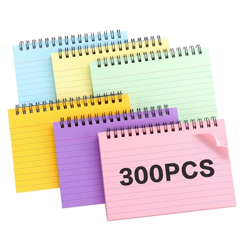 6 Packs Flash Cards，300 Sheets Revision Cards，6 * 4 Inch Revision Cards with Protective Cover,Coloured Spiral Bound Index Cards for Office Meeting，School，Home Note Taking University Essentials