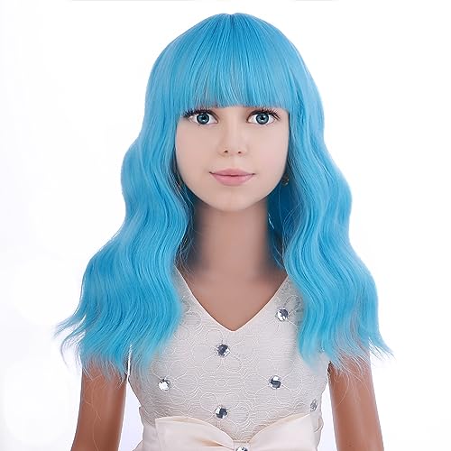 Image of PATTNIUM Blue Wig for Women Short Wavy Wig with Bangs Light Blue Wigs Heat Resistant Synthetic Hair Wigs