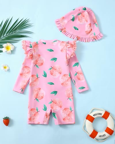 Image of Toddler Girl Swimsuit Baby Girl Bathing Suit Long Sleeve Floral Zipper One-Piece Rash Guard Swimsuit with Hat