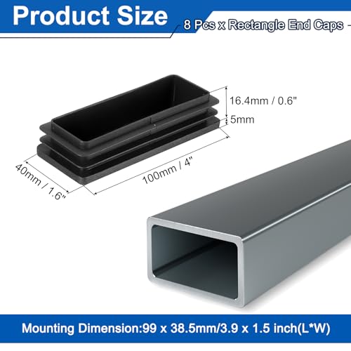 Image of uxcell 8 Pcs Rectangle Tubing End Caps 4 x 1 19 /32 Inch Plastic Hole Plugs Insert End Cap for Metal Tubing Post Chair Leg Table Bookshelves Furniture, Black