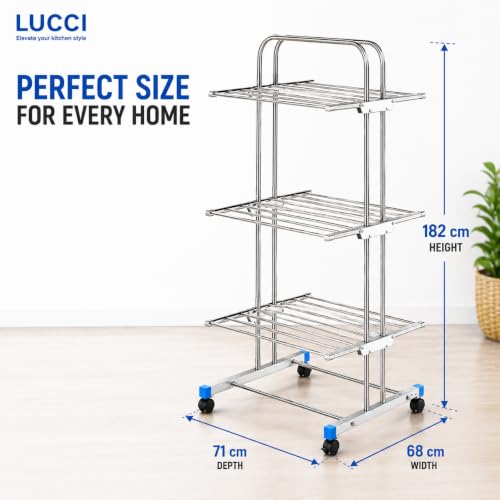 Image of LUCCI Premium Heavy Duty Foldable Stainless Steel Cloth Drying Stand, 3 Tier | Mirror Finish | Portable Laundry Rack | Clothes Dryer Stand with Wheels | Foldable, Movable & Space-Saving Drying Rack