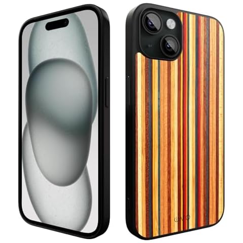 iATO iPhone 15 Plus Real Wood Case - Authentic Skateboard Wooden Back on Black TPU Shell | Streamlined, Minimalistic Cover | Ultra-Durable 6ft Drop-Tested | Compatible with MagSafe Magnetic Charging Cover