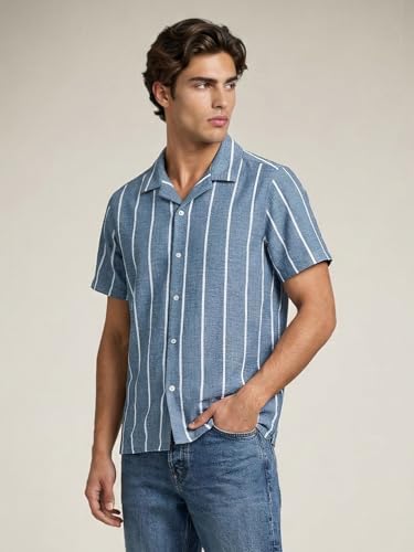 Image of Urbano Fashion Men's Cotton Half Sleeve Relaxed Fit Linen Striped Shirt with Cuban Collar