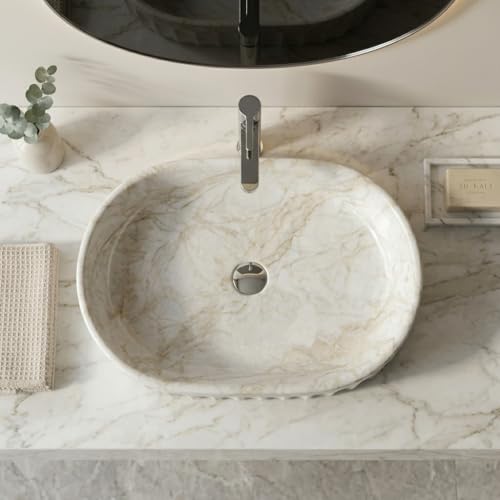 Image of BASSINO 22x14x6 Inches Ceramic Table Top Wash Basin /Designer Bathroom Sink /Glossy Countertop Vessel Basin /Oblong-Oval Above Counter Basin /Wash Basin for Bathroom /Dining Hall(White and Beige Marble)