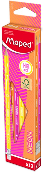 Maped – 12 lápices de grafito HB2 NEON – Lápices de papel FSC HB punta de goma – Forma triangular ergonómica – Mina resistente