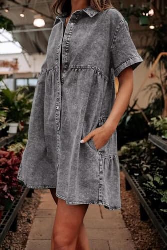 Image of Women's Denim Dress for Women Cute Blue Babydoll Denim Shirt Dress Denim Dress with Pockets