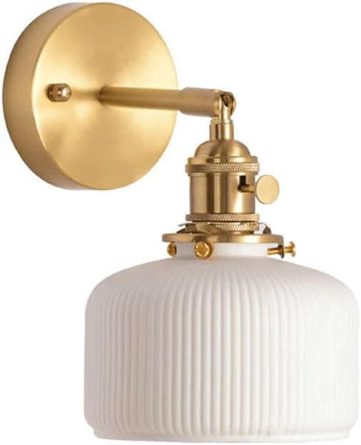 LTTKLMP Nordic Vintage Brass Wall Sconce Milk Glass Shade Bedroom Wall Mounted Light Coastal Vanity Light White Farmhouse Ribbed Glass Gold Wall Lamp for Kids Bedside Living Room Porch Entrance