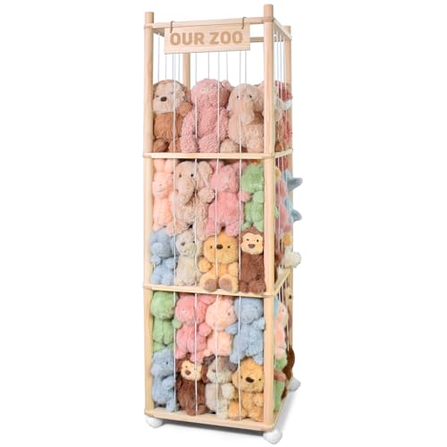 Image of Stuffed Animal Storage, Wooden Cute Zoo Toy Holder with Brake Wheels, Space Save Toy Organizer, Large Capacity Stuffed Animal Holder, Perfect for Nursery Playroom Kidroom Bedroom-54 Inch