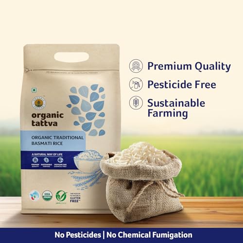 Image of Organic Tattva, Organic Traditional Basmati Rice 5Kg | Everyday Basmati Rice | Source of Protein| Naturally Gluten Free | Flavorful and Aromatic Rice | Pesticide and Chemical Free