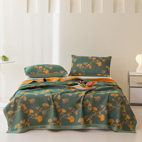 Purefair Jacquard-Tagesdecke aus 100 prozent Baumwolle, florales Ginkgo-Blättermuster, weiche Musselin-Tagesdecke, 3-lagig, wendbar, atmungsaktiv, leicht, King-Size (248,9 x 238,8 cm), kein Kissenbezug