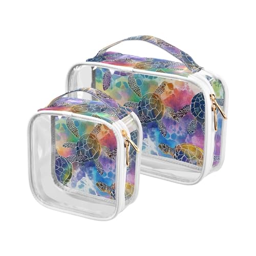 Clear Makeup Bag Approved Clear Travel Toiletry Bag with Zipper Waterproof Organizer Bags Transparent Cosmetic Pouch Traveling 2Pack Colorful Watercolor Sea Turtles