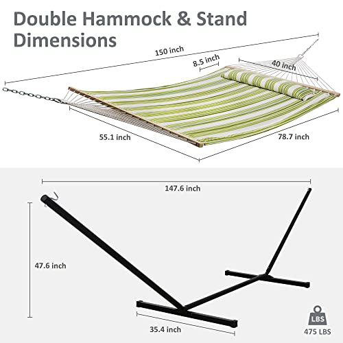 Image of SUNCREAT Portable Double Hammock with Stand, 475 lbs Capacity, Heavy Duty Two Person Hammock with Stand Included, Green Stripe