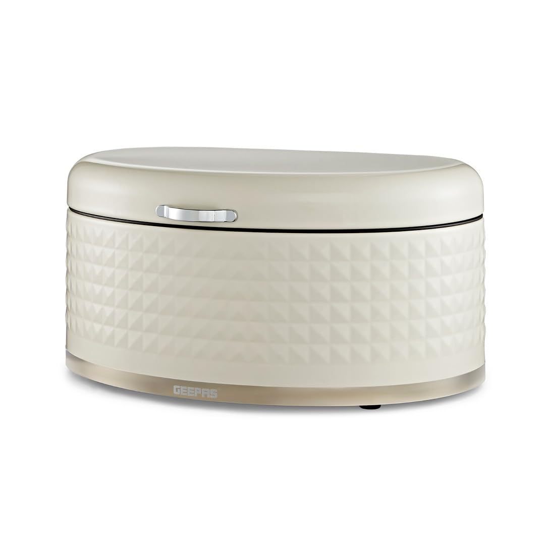 GEEPAS Argyle Bread Bin 9L | Carbon Steel Container with Flip-Open Lid & Easy-to-Lift Lid Handle | Easy Clean Design Preserves Loaves Fresh Longer | Shields from Dust Mites | Storage Box Cream