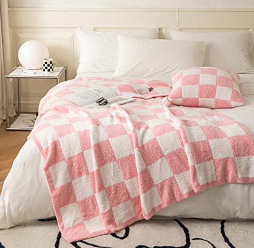 Ultra Soft Cozy Buffalo Checkerboard Grid Fluffy Microfiber Queen Size Bed Blanket Checkered Knitted Blanket Lightweight Fleece for Sofa Couch Bed Travel (Pink, Queen：90"X90")