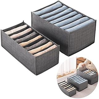 2Pcs Wardrobe Clothes Organizer 7 Grids Jeans Storage Organiser, Foldable Durable Drawer Clothes Storage Boxes, Drawer Organiser Divider, Drawer Organiser for Trousers, Leggings (2PCs-7 Grids-Grey)