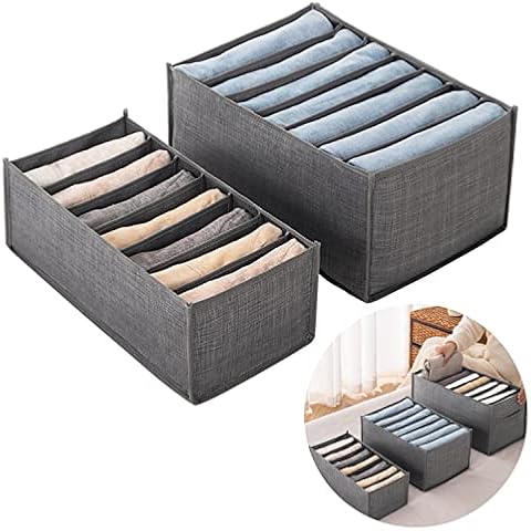 2Pcs Wardrobe Clothes Organizer 7 Grids Jeans Storage Organiser, Foldable Durable Drawer Clothes Storage Boxes, Drawer Organiser Divider, Drawer Organiser for Trousers, Leggings (2PCs-7 Grids-Grey) Cover