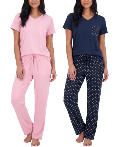 Image of Real Essentials 2 Pack: Women's Comfy Pajama Sets - Short Sleeve Ladies Loungewear Sleepwear PJs (Available In Plus)