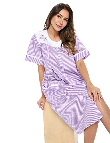 Casual Nights Women's Snap - Front House Dress Short Sleeve Woven Housecoat Duster Lounger Robe With Pockets - Purple Stripe - X-Large #TOP1