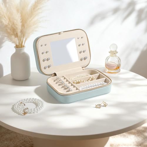 Image of NGVRC Genuine Leather Travel Jewelry Organizer Case with Mirror for Women, Small Mini Portable Jewelry Box for Ring Earrings Necklace Bracelet Luxury Gift for Women(Cyan)