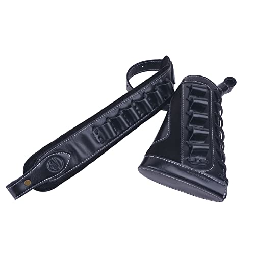 Leather Gun Shell Holder Buttstock With Matched Rifle Sling For .30-06 .30-30.45-70 (Black(12 Gauge)) #TOP2