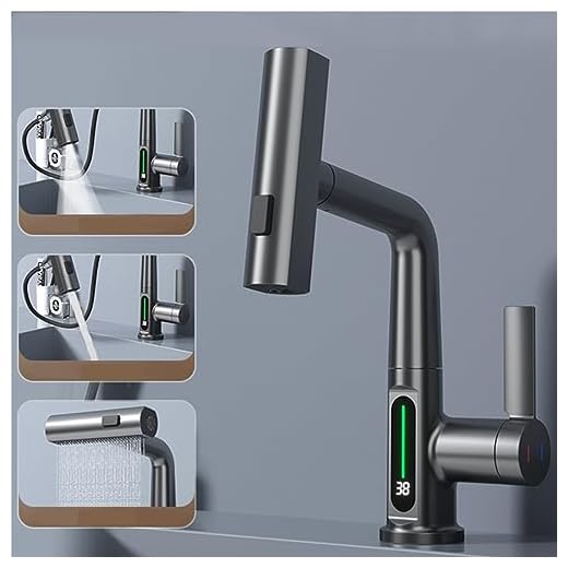 Torneira 3 em 1 com tela digital LED com informação de temperatura, rotação 360°, tipo cachoeira, para pia de banheiro e cozinha, aço inoxidável extensível e altura ajustável