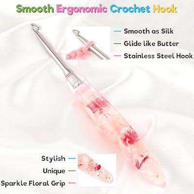 Katech 5.0mm Crochet Hook for Arthritic Hands, Hand-Polished Stainless Steel Ergonomic Crochet Hooks with Customized Sparkle Dried Floral Grip, Soft Tapered Hook-Crochet Gift for Beginner & Crocheter