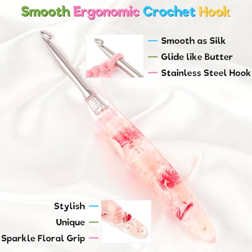 Image of Katech 5.0mm Crochet Hook for Arthritic Hands,Hand-Polished Stainless Steel | Ergonomic Crochet Hooks with Customized Sparkle Dried Floral Grip, Smooth Tapered Hook-Crochet Gift for Beginner & Crocheter