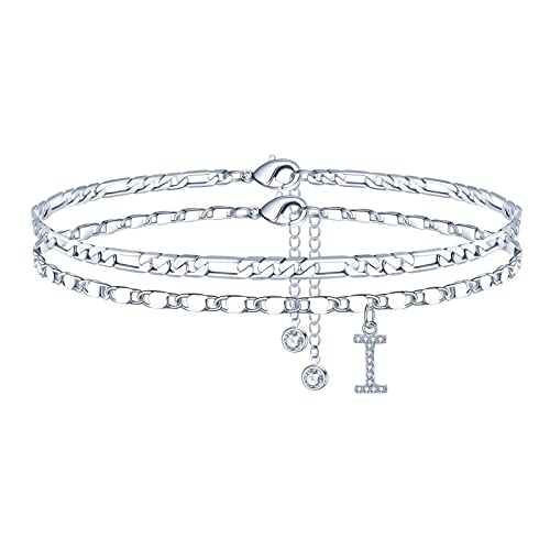 Image of Ursteel Ankle Bracelets for Women, 14K-Gold-Plated Dainty Layered Chain CZ Initial Anklets Set Summer Jewelry Gifts for Women
