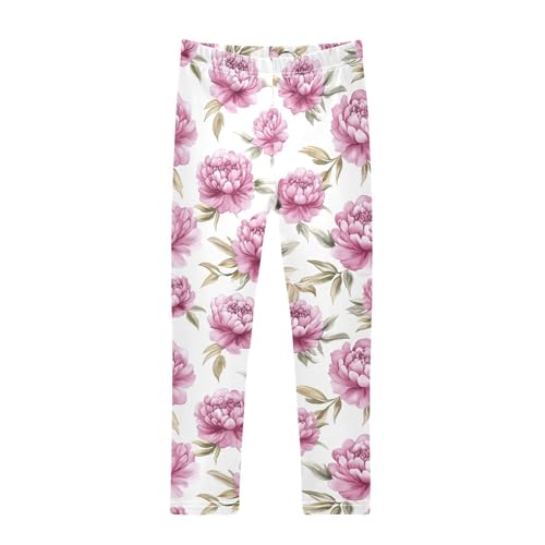 Watercolor Pink Peony Flower Girls Leggings Ultra Soft Compression Yoga Gym Pants for Kids 4-10T