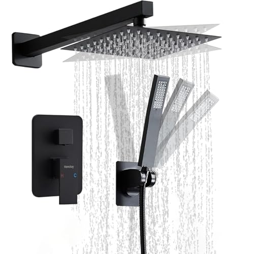 Juego de grifería para ducha de 10 pulgadas en acabado negro mate, con cabezal de ducha lluvia y rociador manual, sistema de ducha de lujo para baño con válvula y revestimiento, montaje en pared miniatura 1