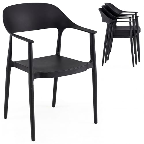 COSTWAY Chaises Empilable Plastique Lot de 4, Chaise de Jardin en PP avec Dossier Incurvé, Accoudoirs Confortables, Siège Large, Montage Facile, Charge 150...