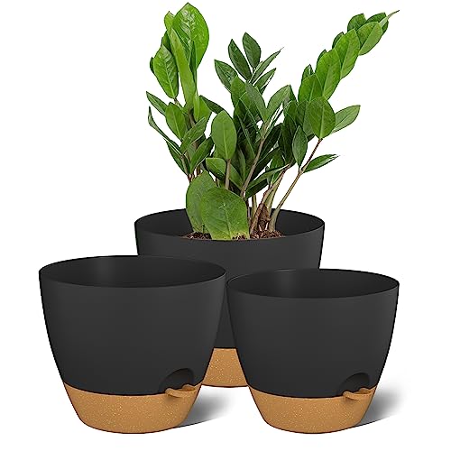 ZMTECH Juego de macetas de 9/10/12 pulgadas, macetas de riego automático con agujeros de drenaje para plantas de interior y exterior, macetas de plástico para casa, cocina, ventana, jardín (negro,