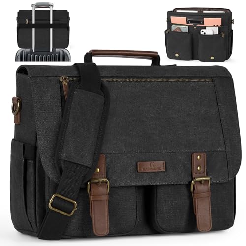 RAINSMORE Torby kurierskie dla mężczyzn torba na laptopa vintage teczka na komputer męska wodoodporna płócienna torba na ramię crossbody, Czarny, Large