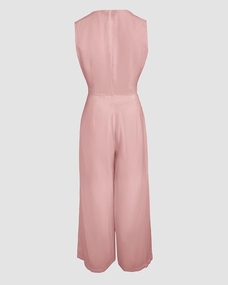 CHICME Women's Summer Two Piece Outfits V Neck Metal Button Front Crop Tank Vest Wide Leg linen Pants Matching Sets - Image 5